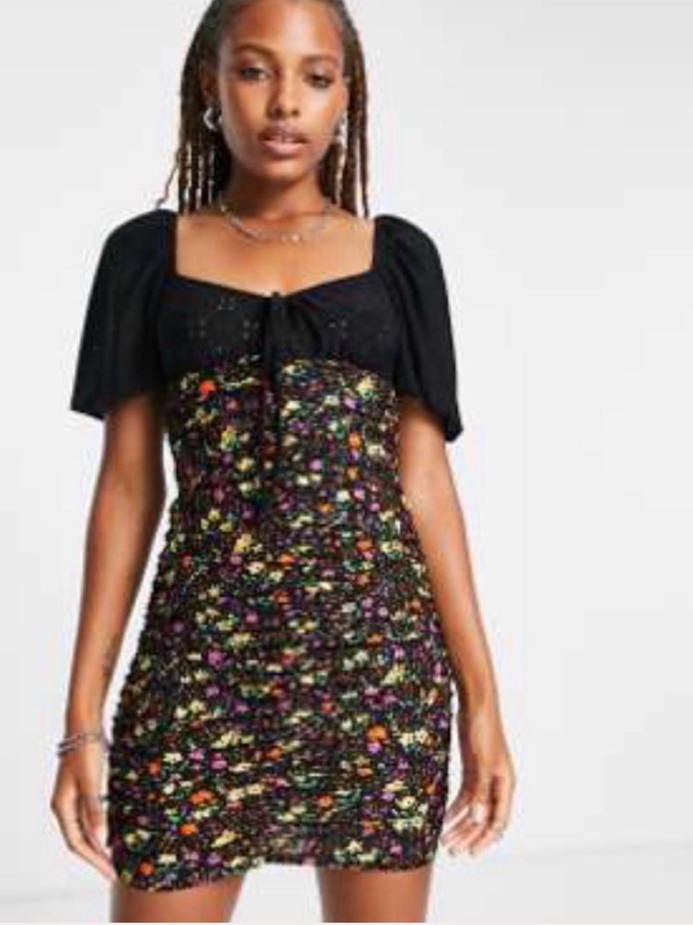 Black Floral Smocked Mini Dress